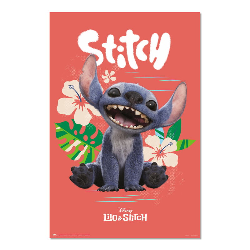 Póster vertical de Stitch Disney sobre fondo coral con flores tropicales
