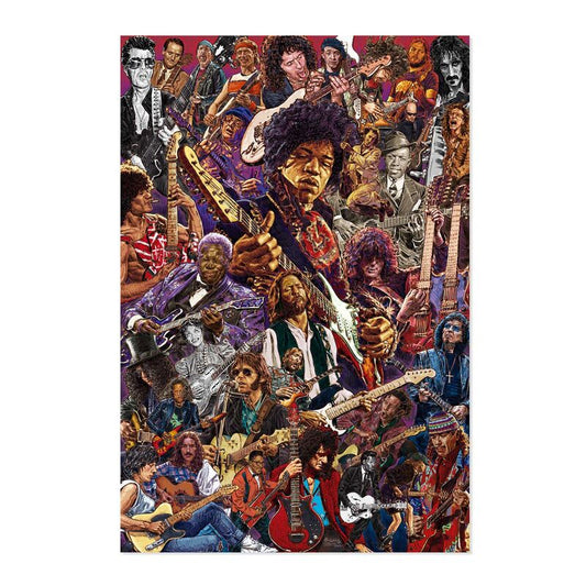 Póster vertical Guitarristas Legendarios de ERIK con collage de músicos y guitarras