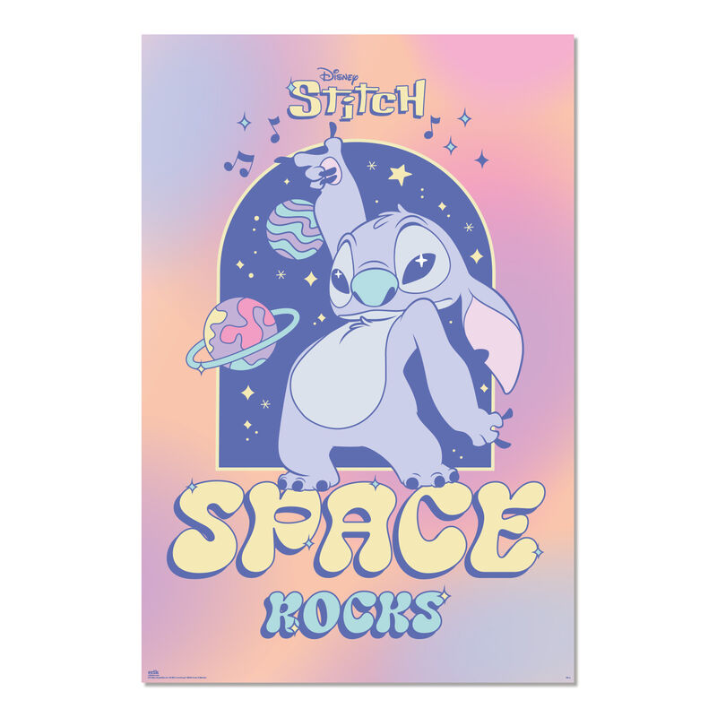 Póster de Stitch Disney Space Rocks con diseño espacial en tonos pastel