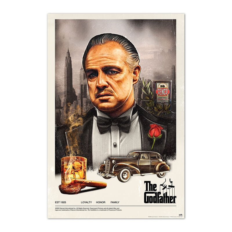 Póster de El Padrino con retrato central, coche clásico y rosa roja