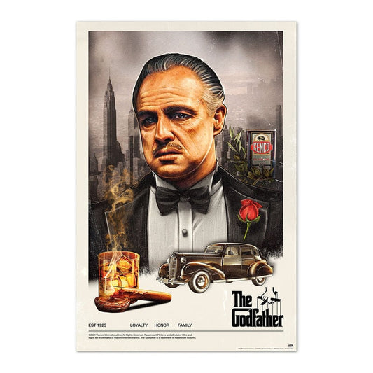 Póster de El Padrino con retrato central, coche clásico y rosa roja