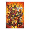 Póster vertical de Spider-Man Marvel con múltiples personajes sobre fondo naranja