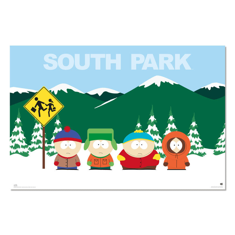 Póster de South Park con cuatro personajes frente a montañas nevadas