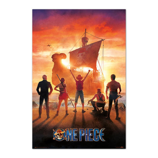 Poster vertical de One Piece con la tripulación y su barco al atardecer