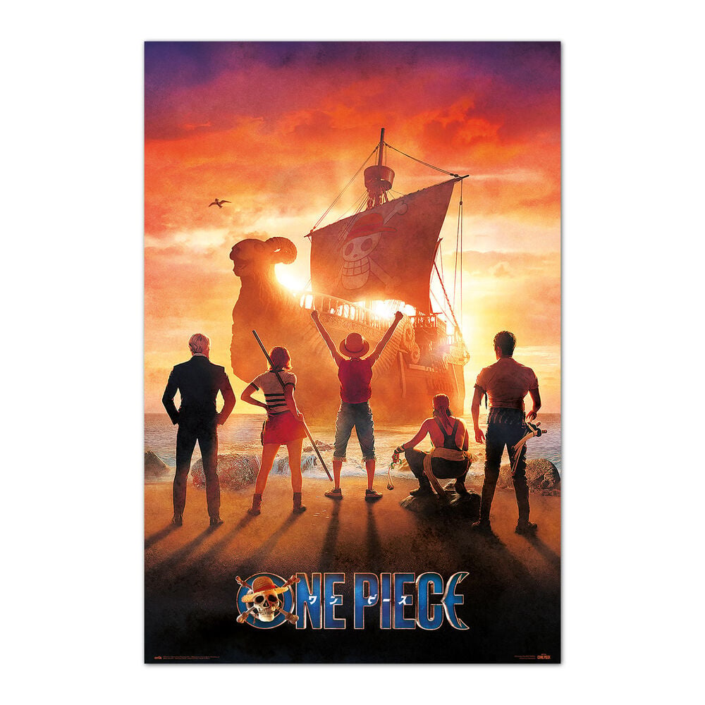 Poster vertical de One Piece con la tripulación y su barco al atardecer
