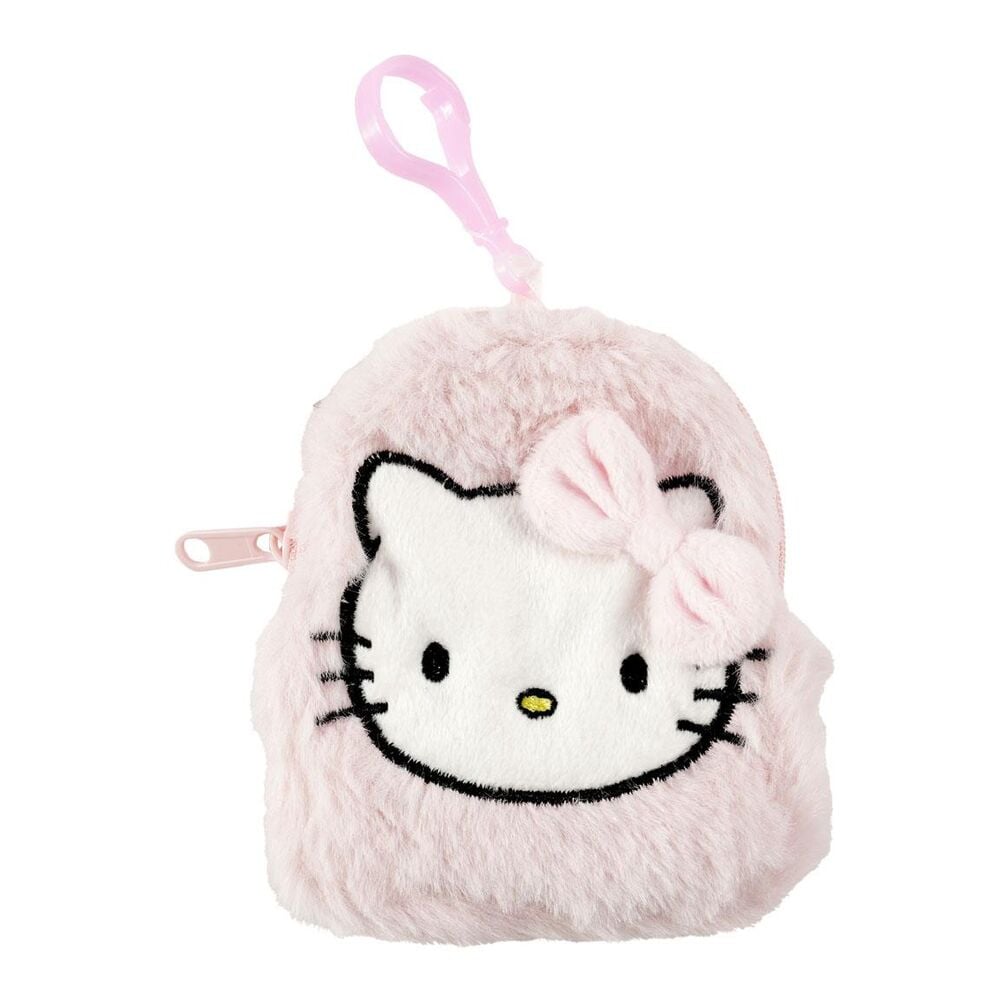 Monedero rosa de peluche con rostro de Hello Kitty y mosquetón