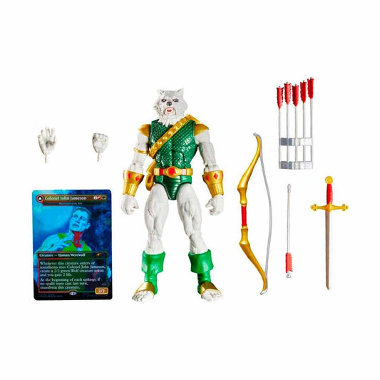 Figura articulada Man-Wolf de Magic: The Gathering con armadura verde y dorada, espada y arco - 3