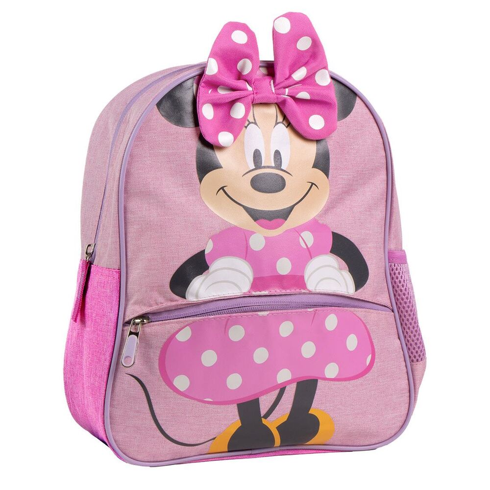 Mochila escolar rosa de Minnie Disney con lazo de lunares