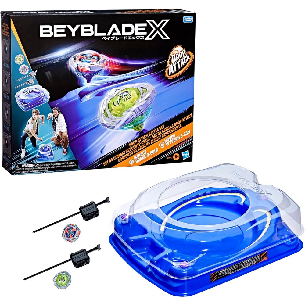 Set de batalla Drop Attack Beyblade X con estadio azul, dos lanzadores y dos peonzas
