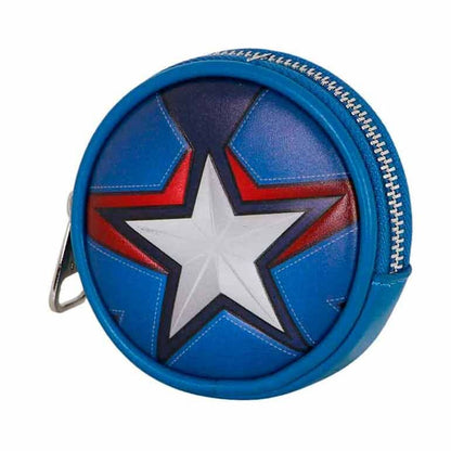 Monedero redondo de Capitán América Marvel con escudo azul, rojo y blanco