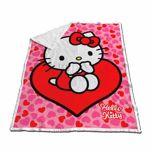 Manta coralina sherpa rosa de Hello Kitty con corazones