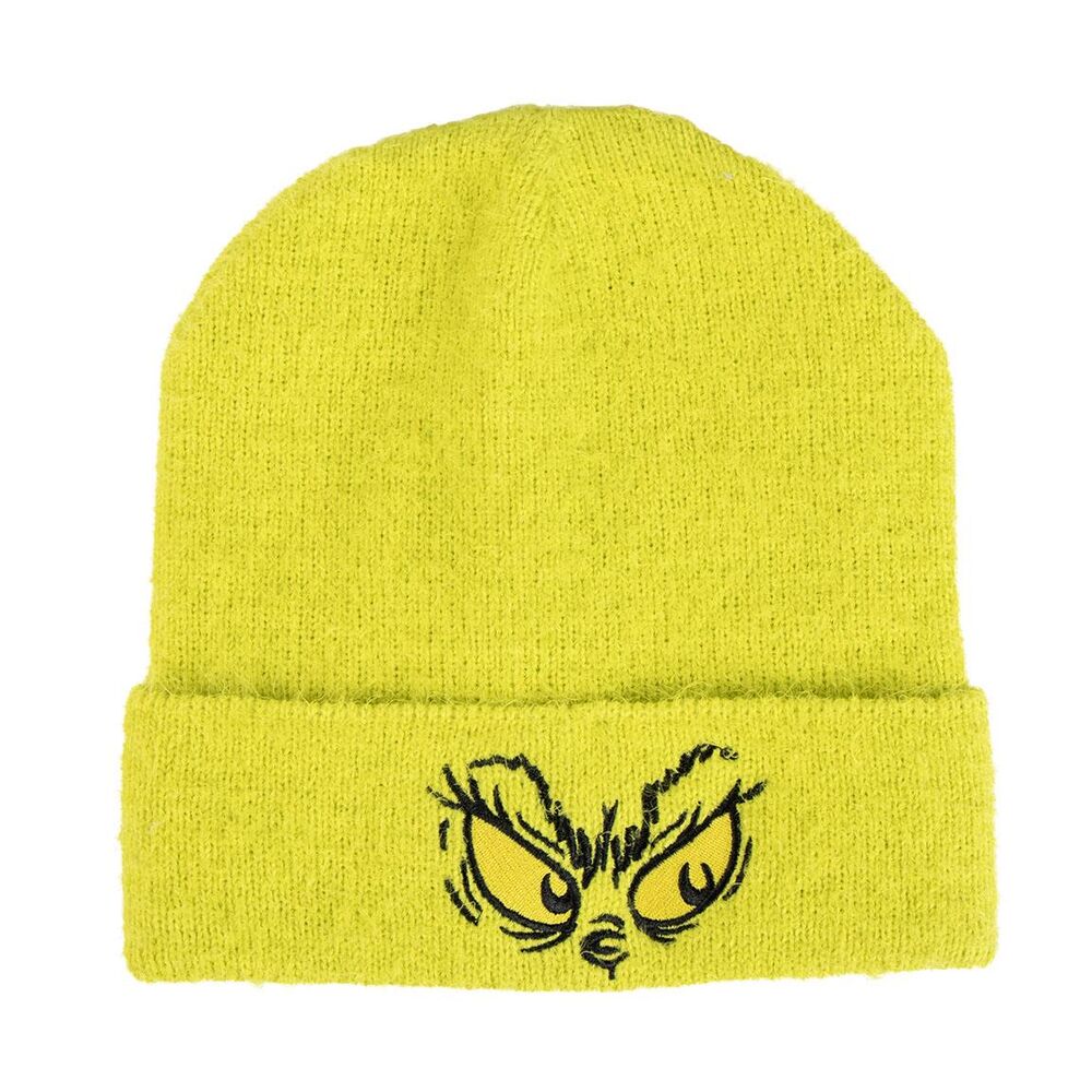 Gorro de punto amarillo verdoso de El Grinch con gráfico frontal
