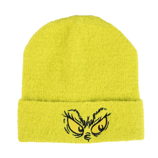 Gorro de punto amarillo verdoso de El Grinch con gráfico frontal