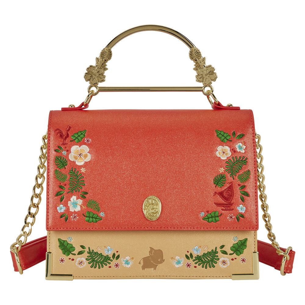 Bolso bandolera de Vaiana Disney Loungefly coral y beige con flores tropicales