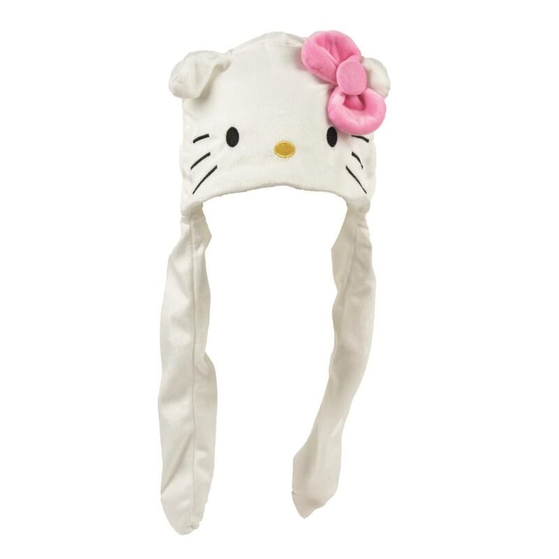 Gorro blanco de Hello Kitty con lazo rosa y tiras laterales