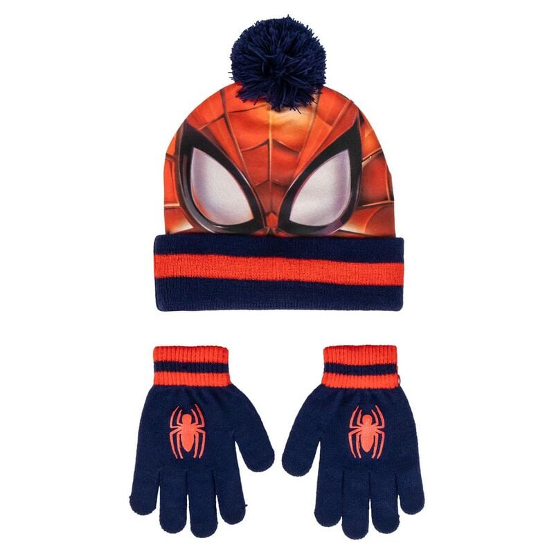 Set de gorro con pompón y guantes Spider-Man Marvel en azul marino y rojo