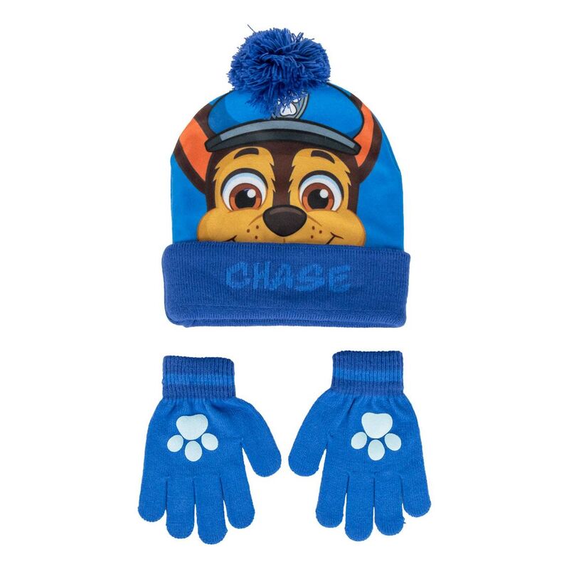 Set azul de gorro con pompón y guantes de Chase de PAW Patrol
