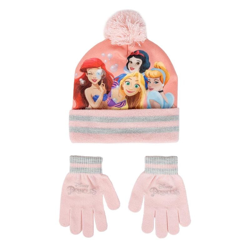 Set rosa de gorro con pompón y guantes Disney Princesas