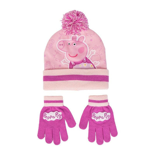 Set rosa de gorro y guantes Peppa Pig con pompón