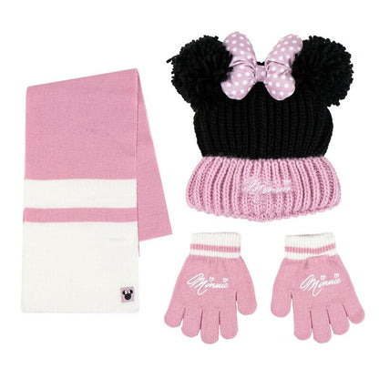 Conjunto Minnie Disney con gorro negro, bufanda y guantes rosas