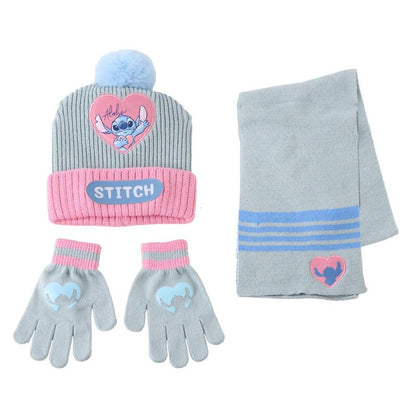 Conjunto Disney Stitch con gorro, bufanda y guantes en gris, rosa y azul