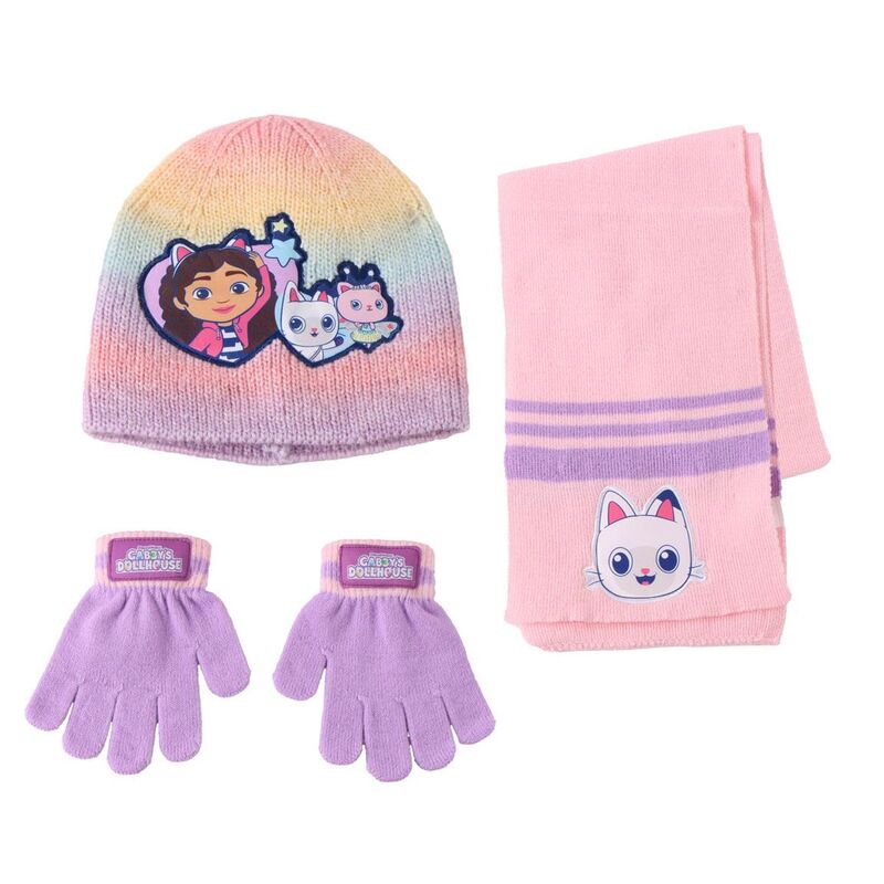 Conjunto rosa y lila de gorro, bufanda y guantes de Gabby