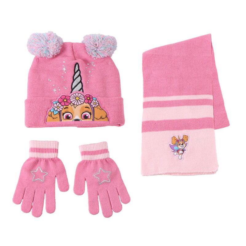 Conjunto rosa de gorro, guantes y bufanda de Skye Paw Patrol