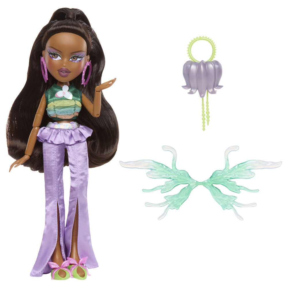 Muñeca Sasha Bratz Pixiez con alas translúcidas y conjunto verde y lila