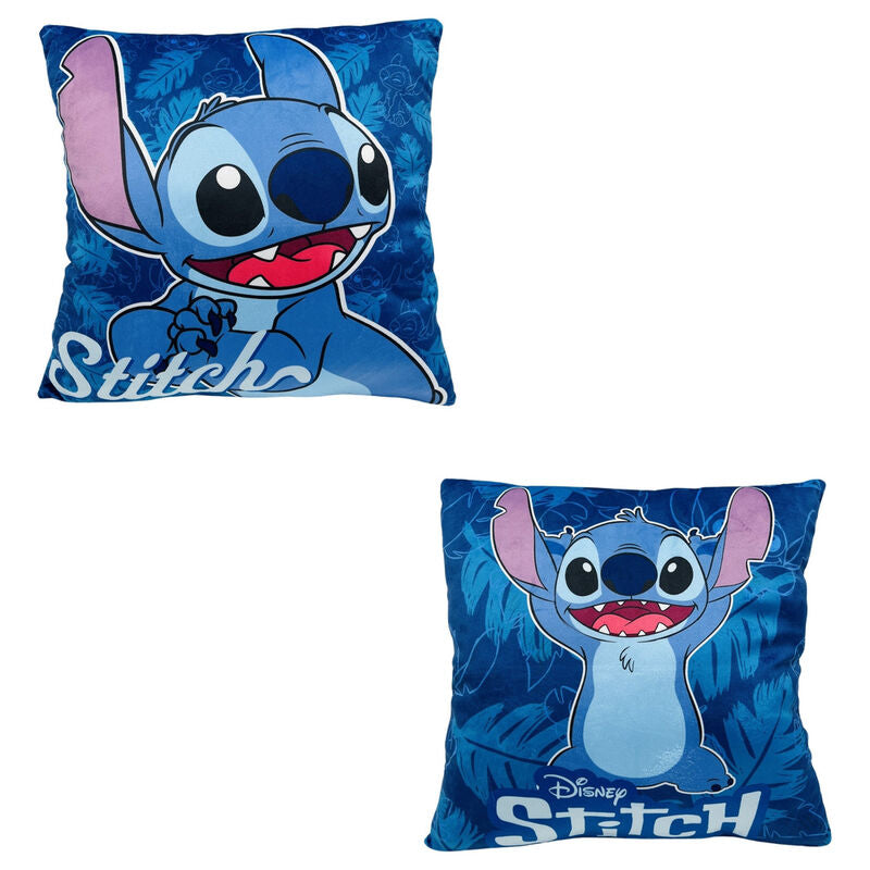 Cojín azul de Disney con Stitch y fondo tropical