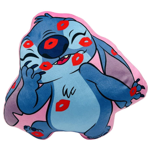 Cojín 3D de Stitch Disney con fondo rosa y besos rojos