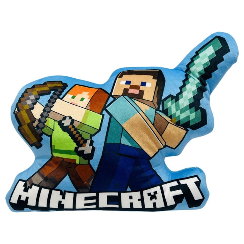 Cojín 3D de Minecraft con personajes pixelados y herramientas