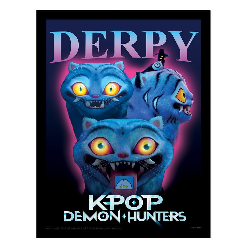 Cuadro enmarcado de Derpy de KPop Demon Hunters con tres felinos azules