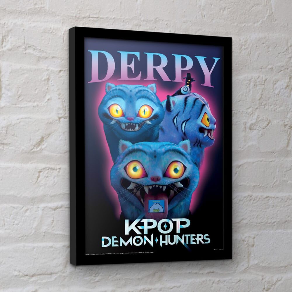 Cuadro enmarcado de Derpy de KPop Demon Hunters con tres felinos azules - 3