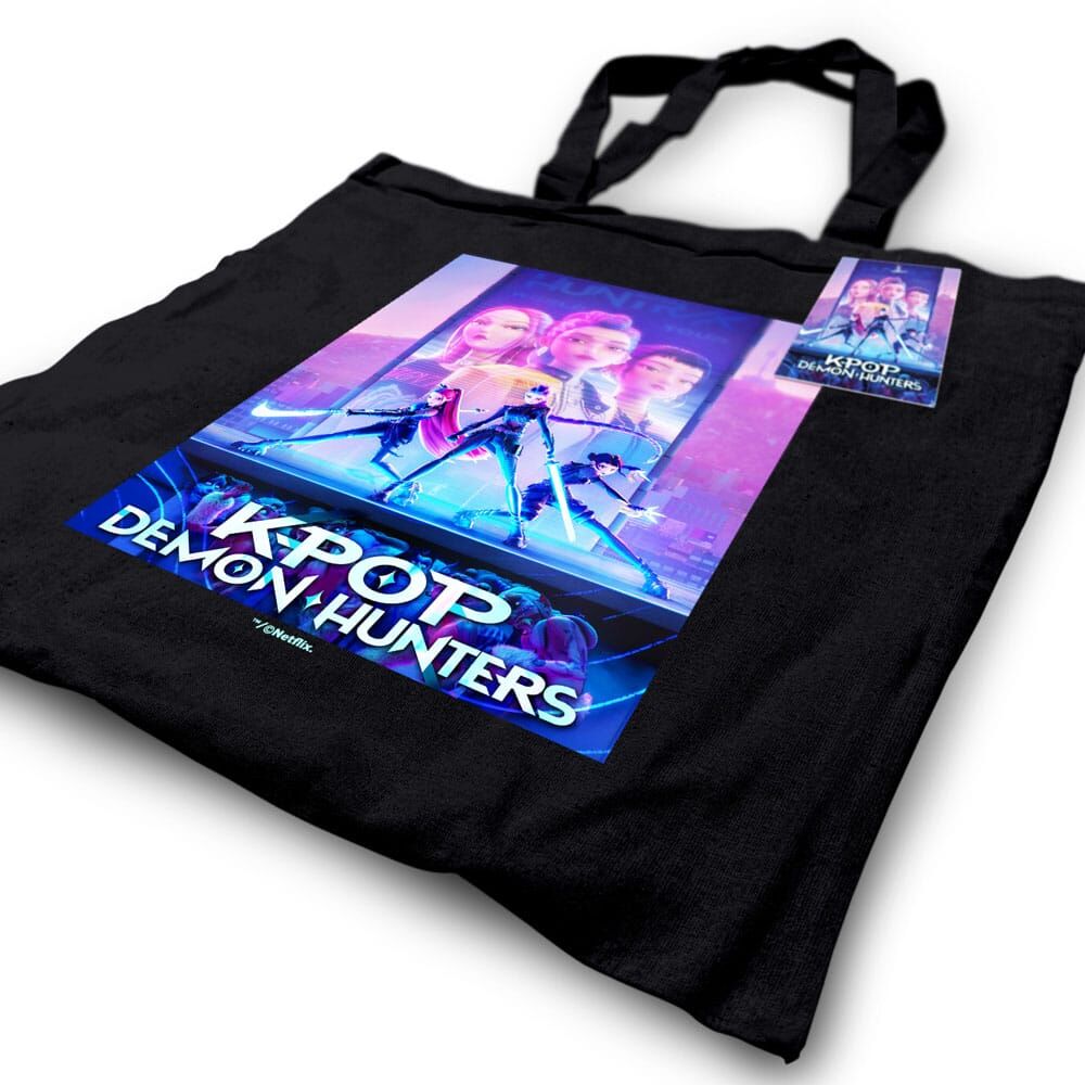 Bolsa tote negra de KPop Demon Hunters con ilustración de las guerreras K-pop - 2