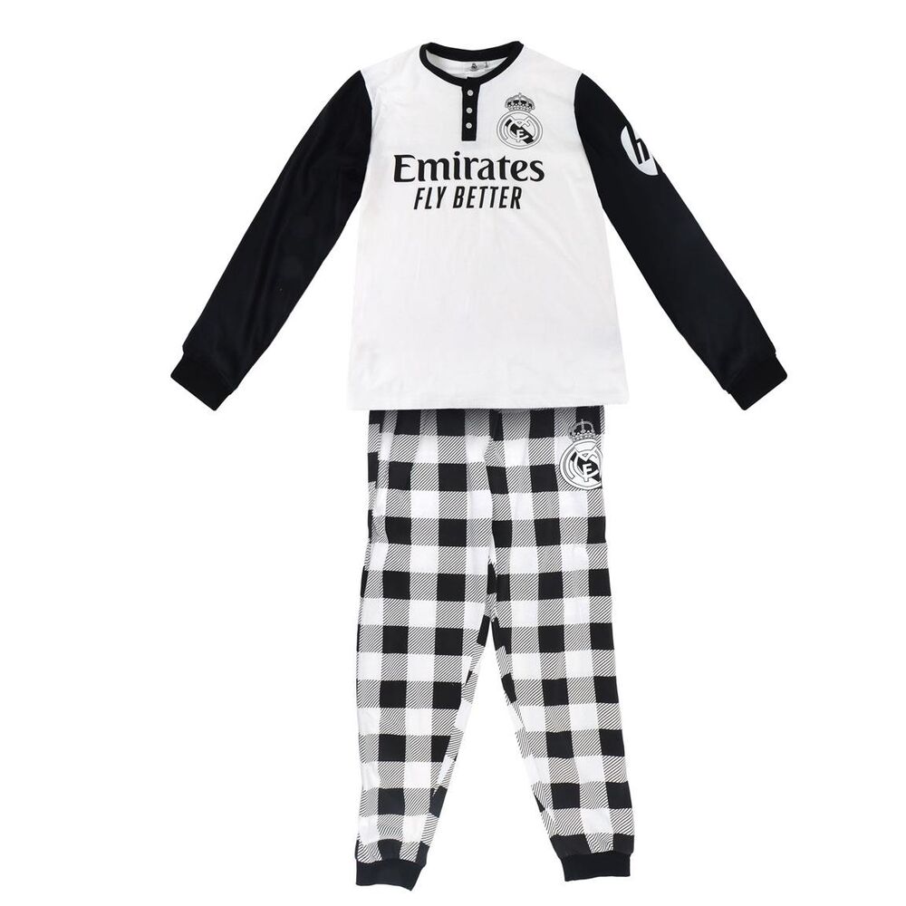 Pijama adulto del Real Madrid blanco y negro con pantalón de cuadros