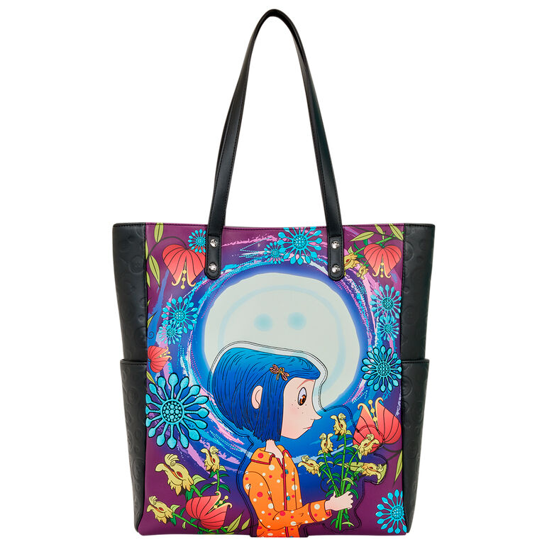 Bolsa shopping Loungefly de Coraline con diseño floral a todo color
