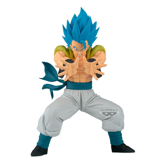Figura de Gogeta Grandista de Dragon Ball con cabello azul y pose de combate