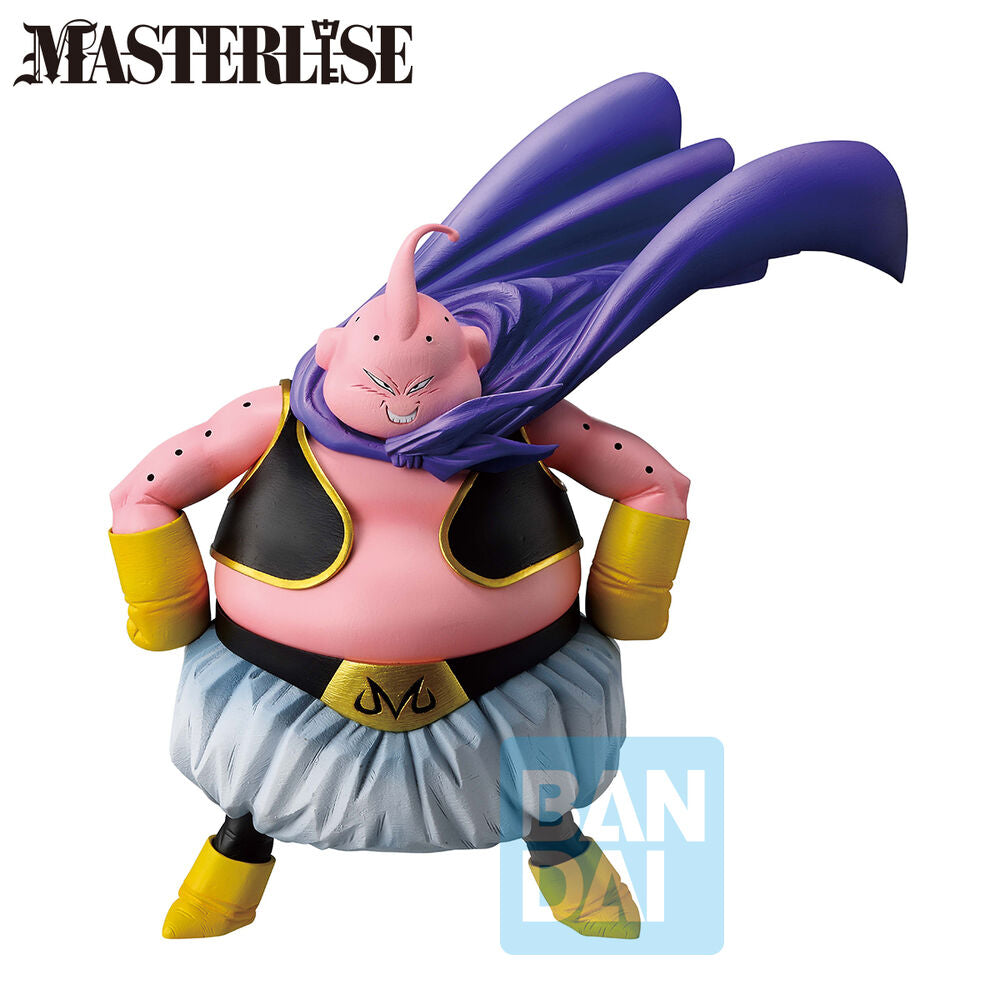 Figura de Majin Buu con capa morada y atuendo negro y dorado