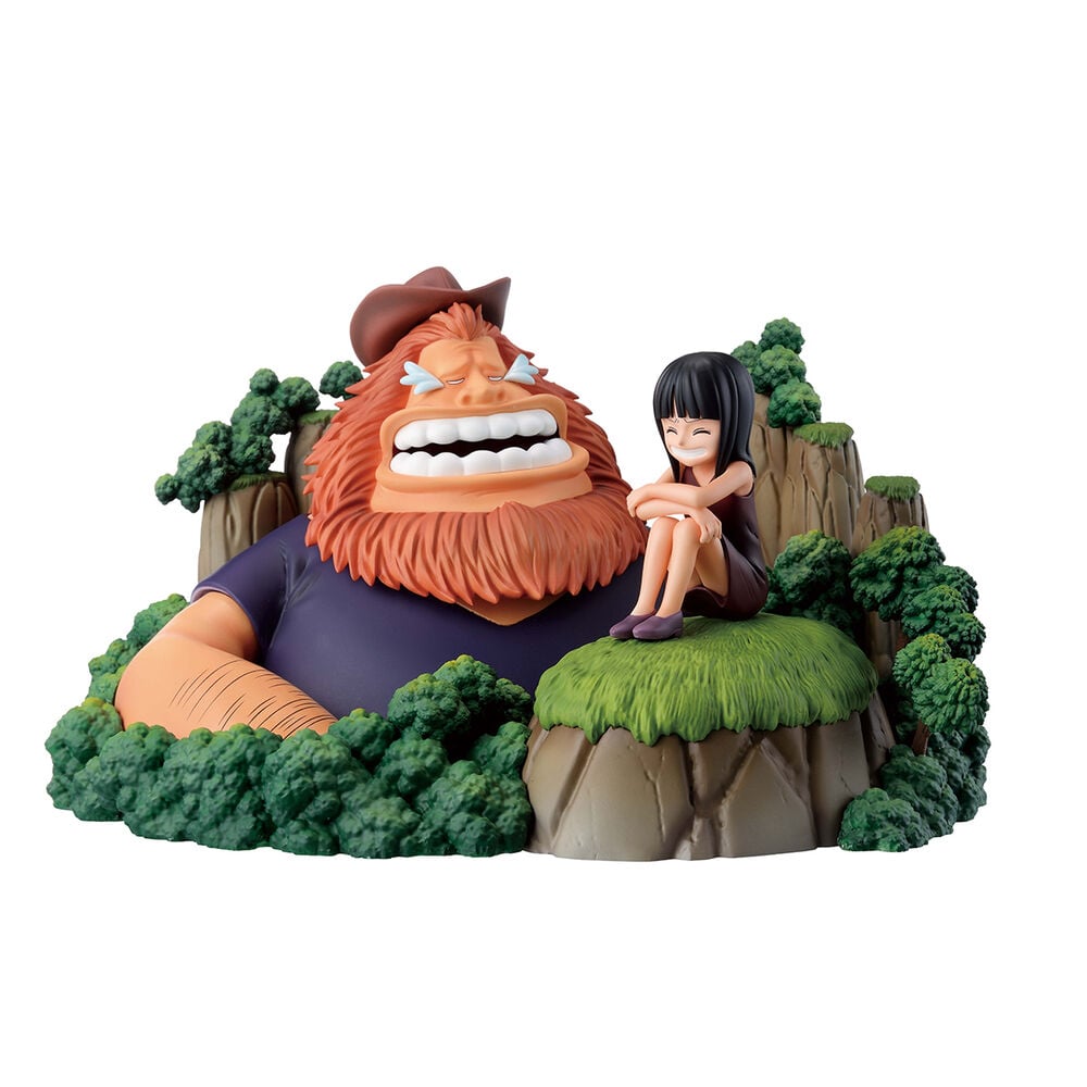 Figura Ichibansho de Saul y Robin de One Piece sobre una base rocosa con vegetación
