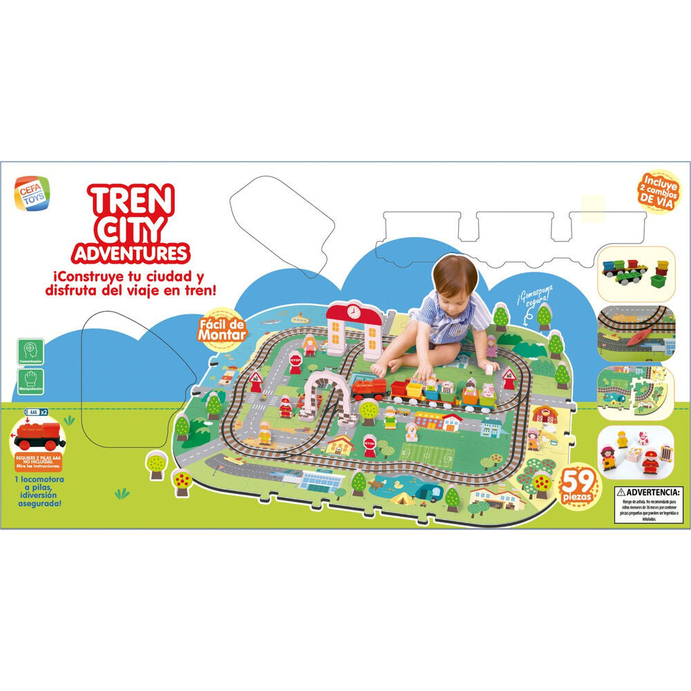 Juego Tren City Adventures con ciudad, vías, locomotora y vagones