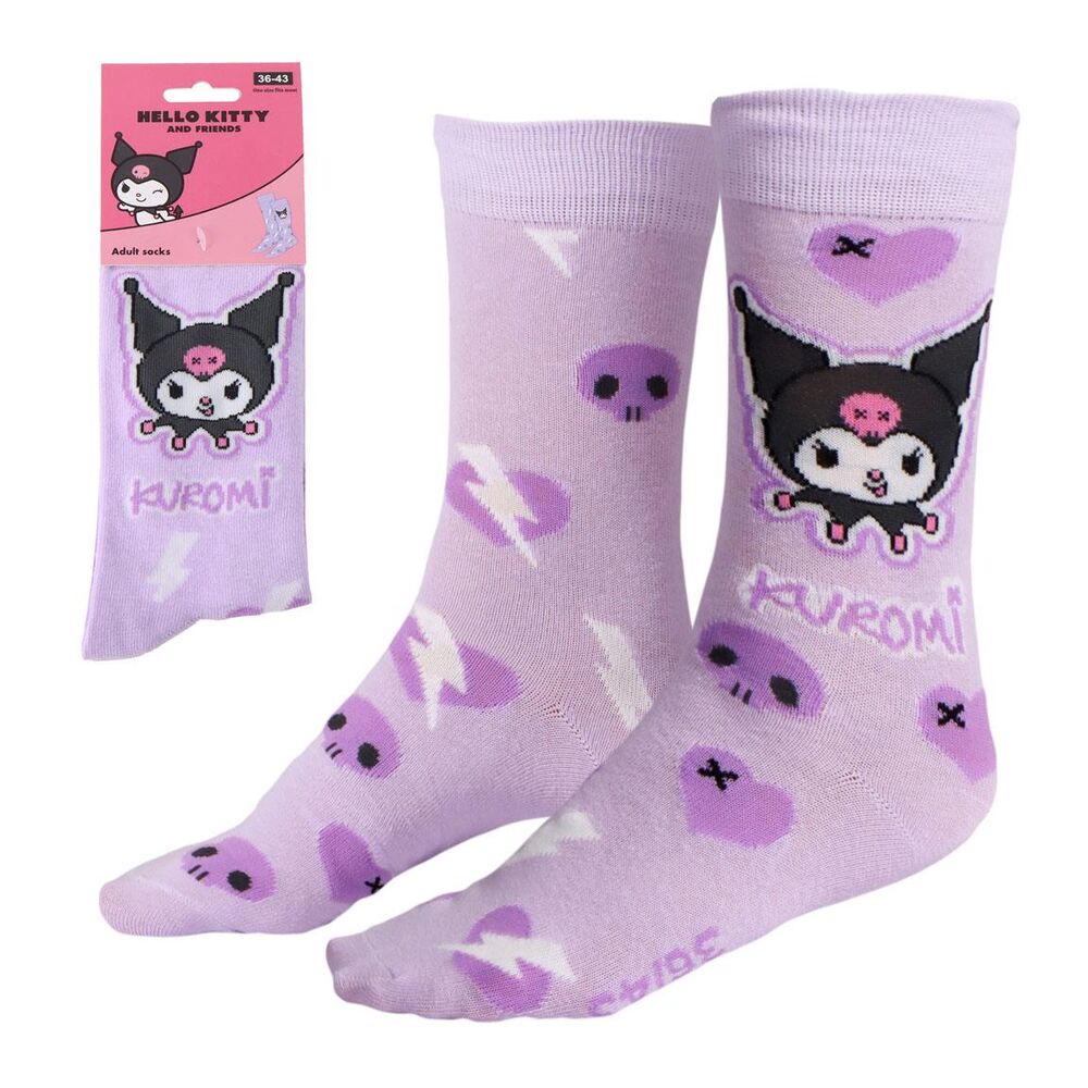 Calcetines lila de Kuromi Hello Kitty con corazones y rayos