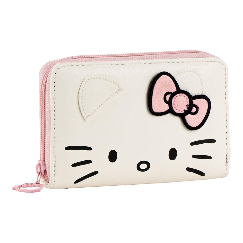 Cartera Hello Kitty crema con lazo rosa y cremallera