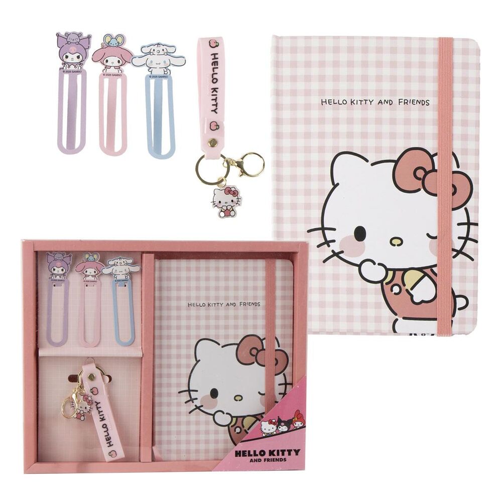 Set de papelería Hello Kitty con libreta rosa, tres marcapáginas y llavero