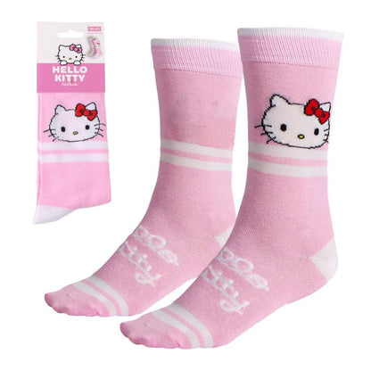 Calcetines rosas de Hello Kitty con lazo rojo y rayas blancas