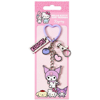 Llavero Kuromi Hello Kitty con clip lila y anilla de corazón