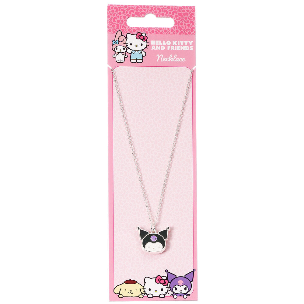 Colgante de Kuromi de Hello Kitty con cadena sobre tarjeta rosa
