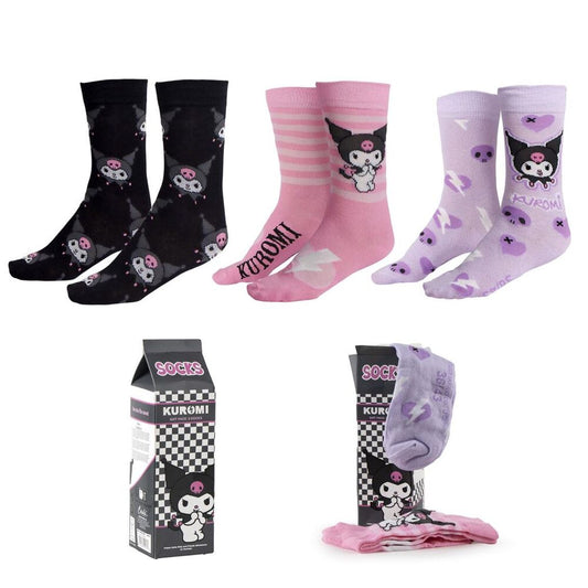 Set de tres pares de calcetines Kuromi Hello Kitty en negro, rosa y lila