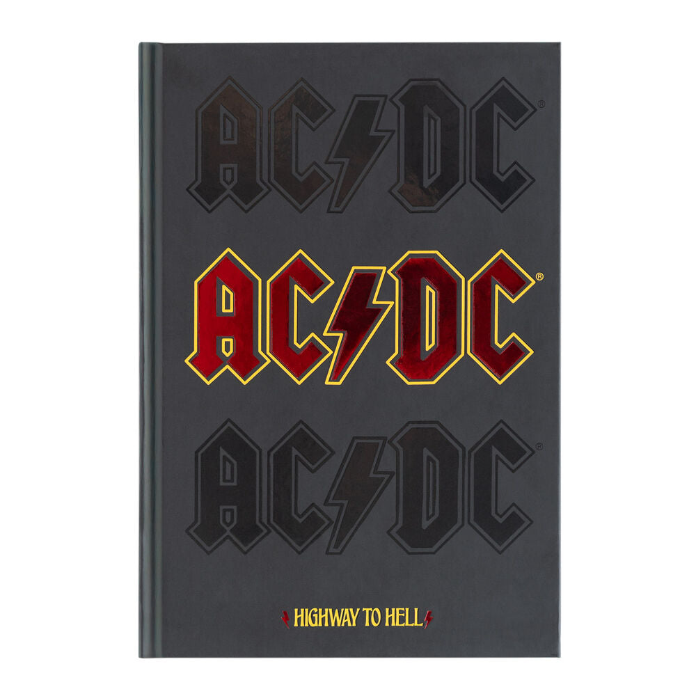Cuaderno A5 AC/DC negro con logotipo rojo y amarillo