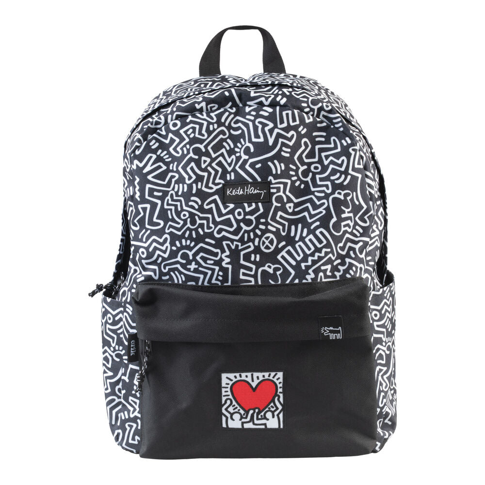 Mochila ERIK Keith Haring negra con estampado blanco y corazón rojo