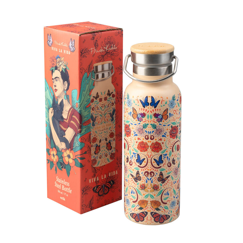 Botella de acero inoxidable Viva la Vida de Frida Kahlo con flores y mariposas - 2